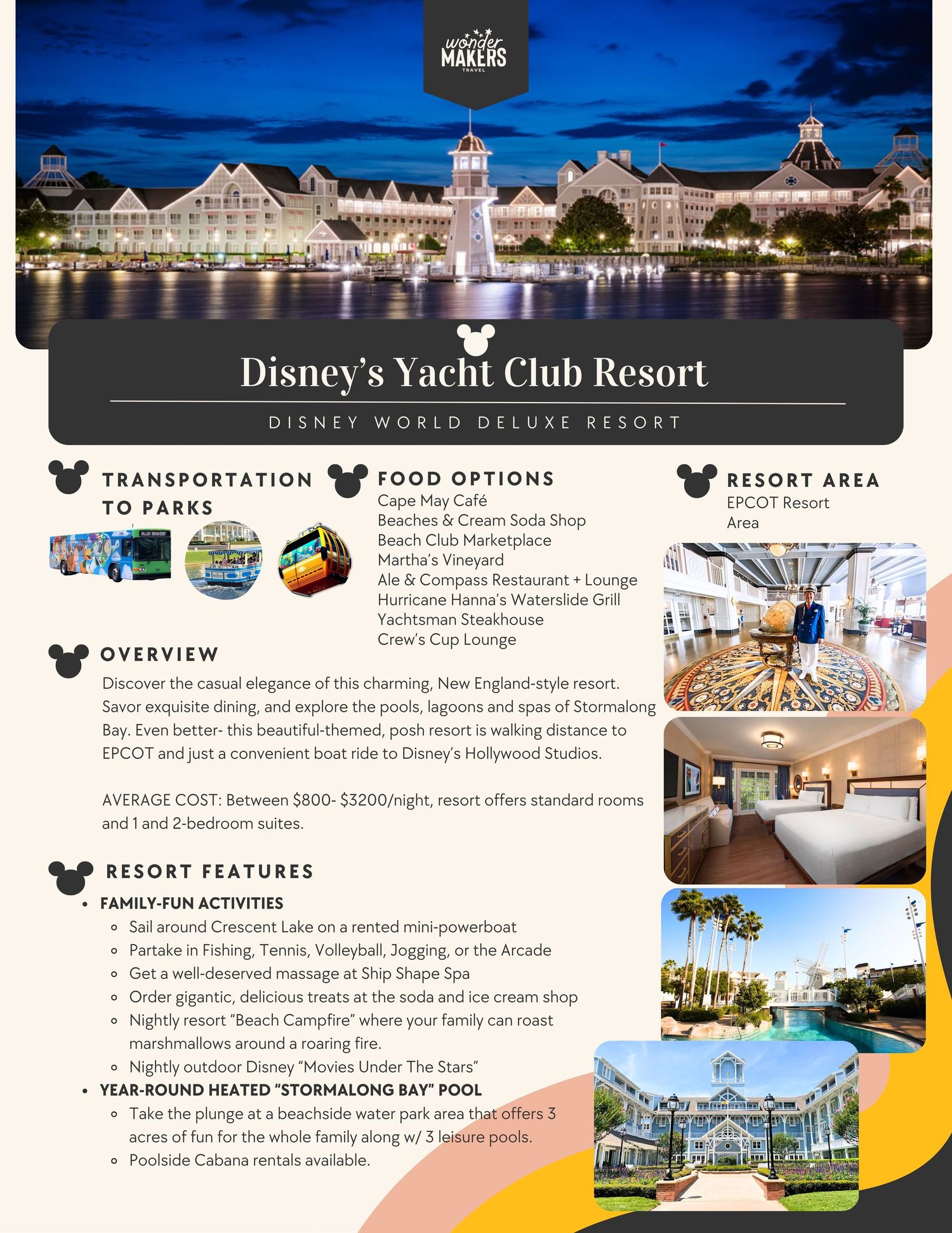 Information guide showing amenities and features of Disney's Yacht Club Resort with nighttime resort photo.