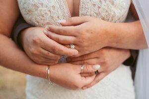 Close up of hands showing wedding rings with delicate lace dress detail.