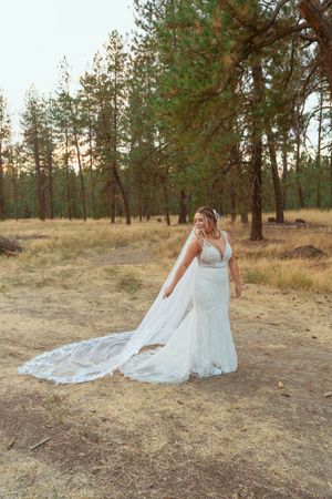 A flowing lace wedding dress with long train photographed in a rustic pine forest setting.
