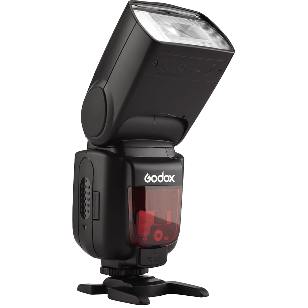 A black Godox professional camera flash unit with tilting head mounted on hot shoe base and red sensor window.