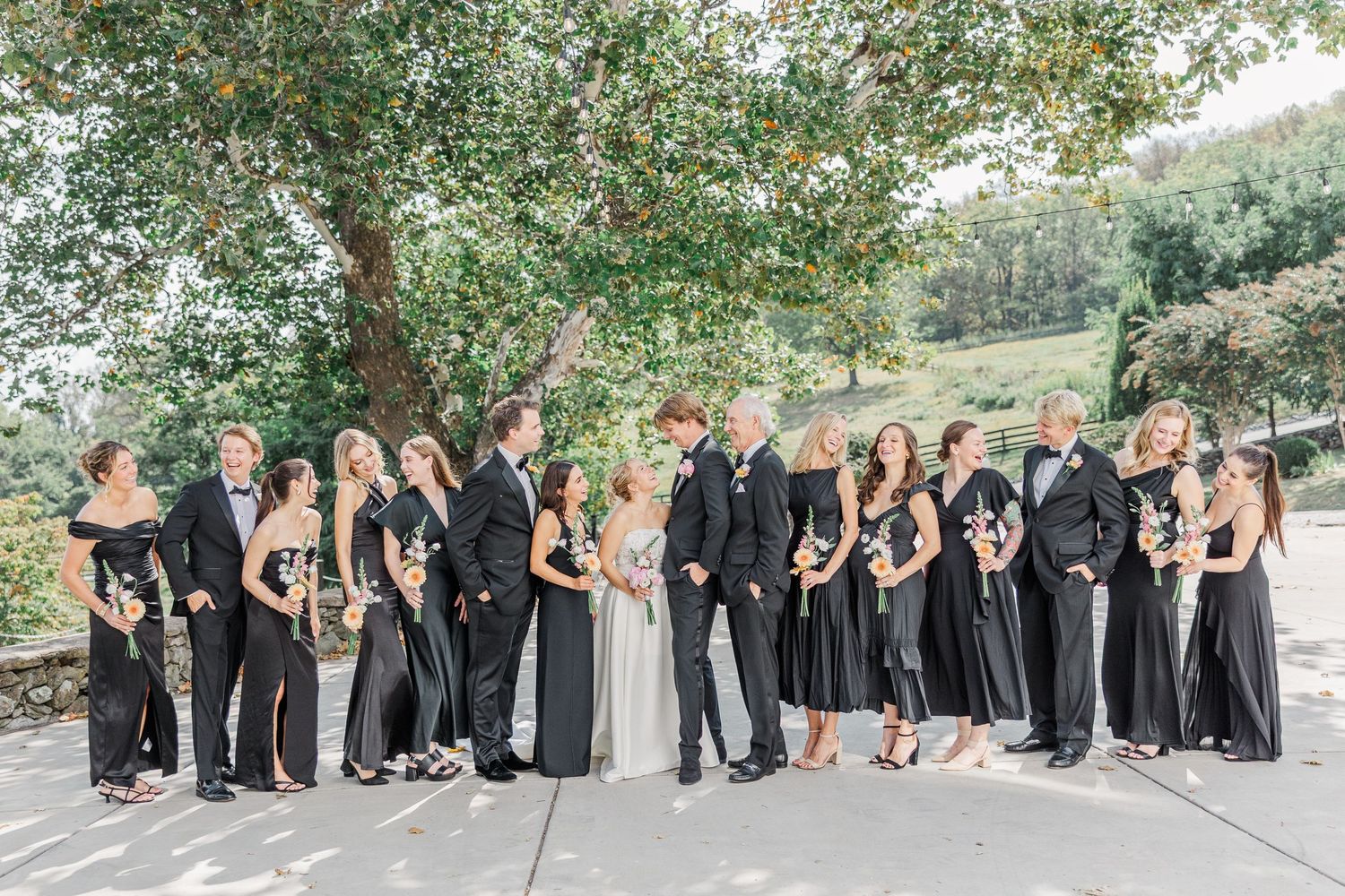 Large wedding party in black dresses and suits posed for a panoramic photo outdoors.
