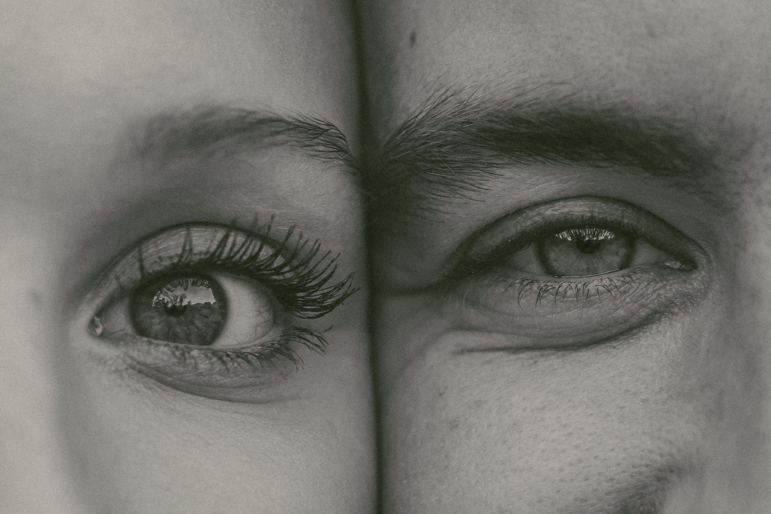 A black and white photo series showing close-up details of eyes and facial features in an artistic composition.