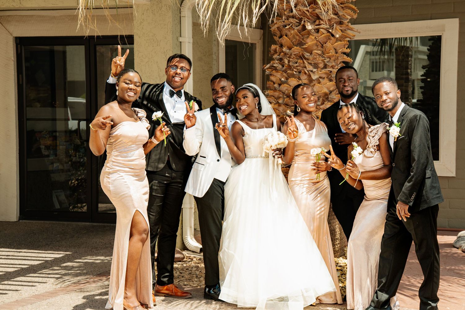 Wedding party celebrates joyfully outside with bridesmaids in blush dresses and groomsmen in formal attire.