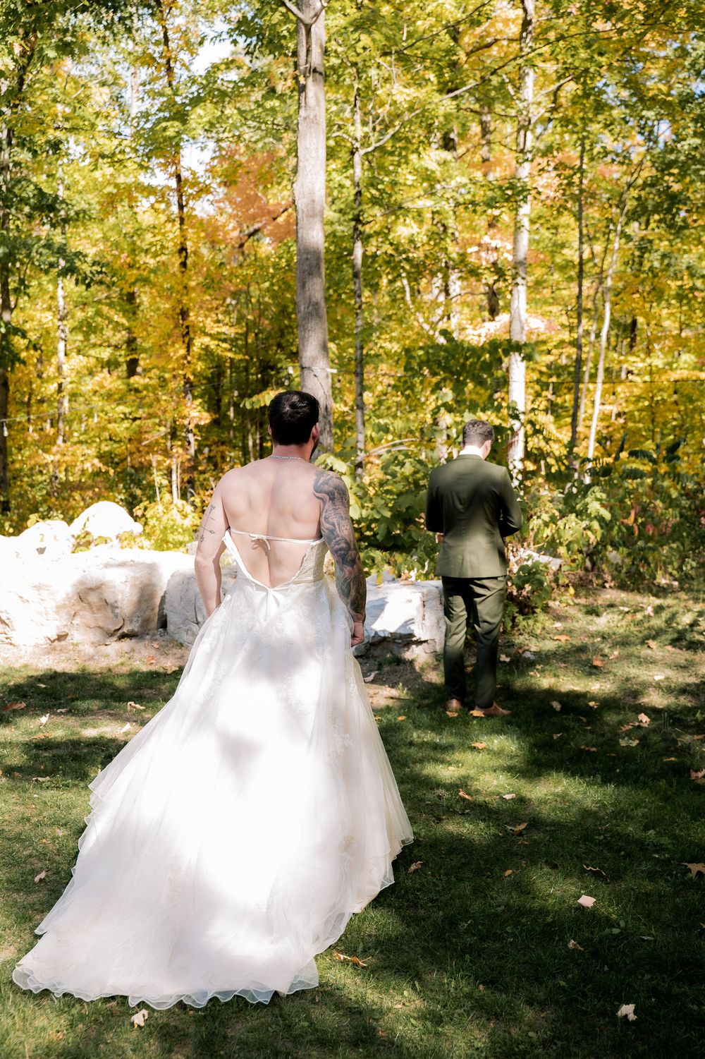 A sequence of photos showing a couple in wedding attire dancing and twirling in a sunlit autumn forest setting.