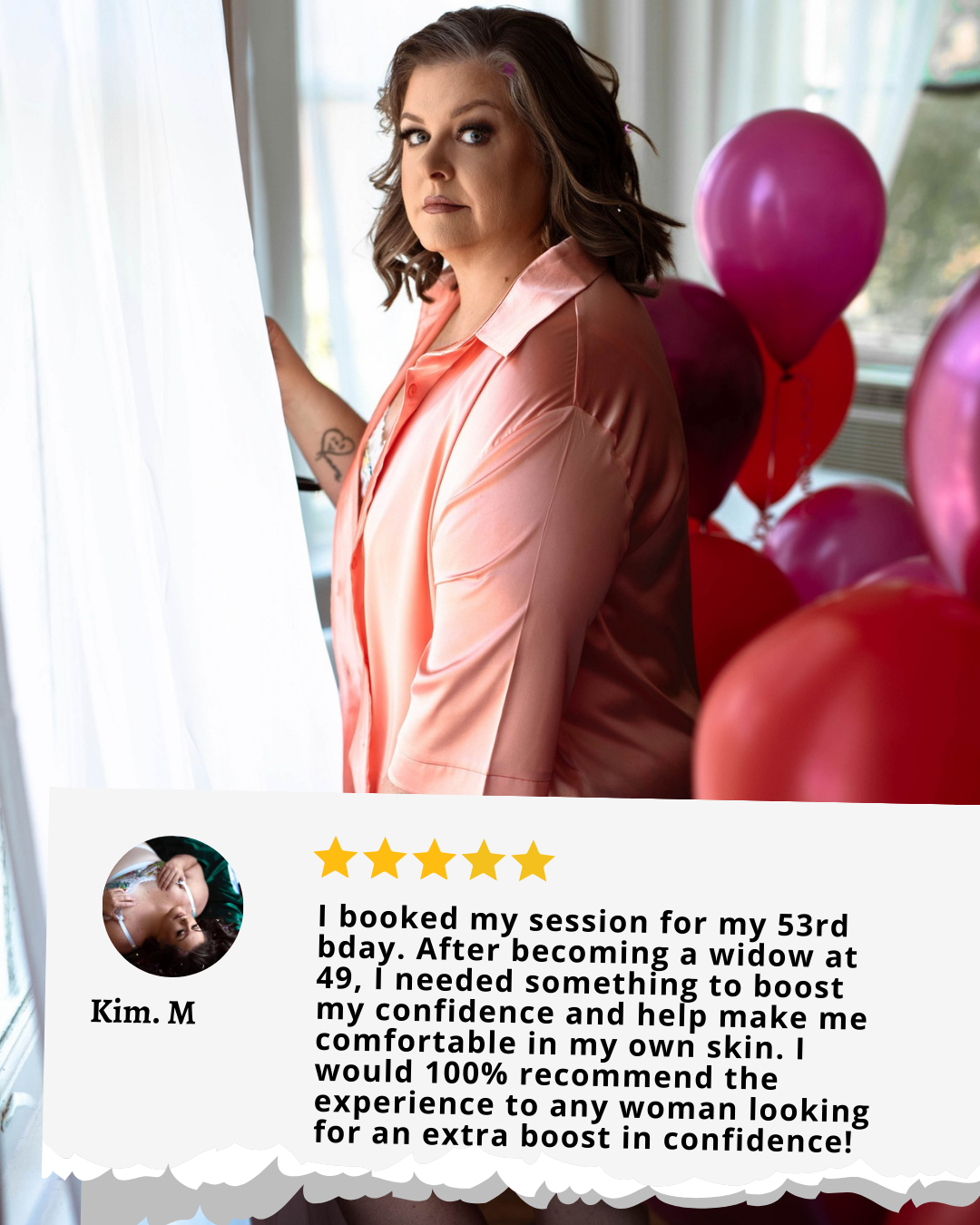 A woman in a coral-colored top poses against a background with pink and red balloons for a glamour photoshoot.