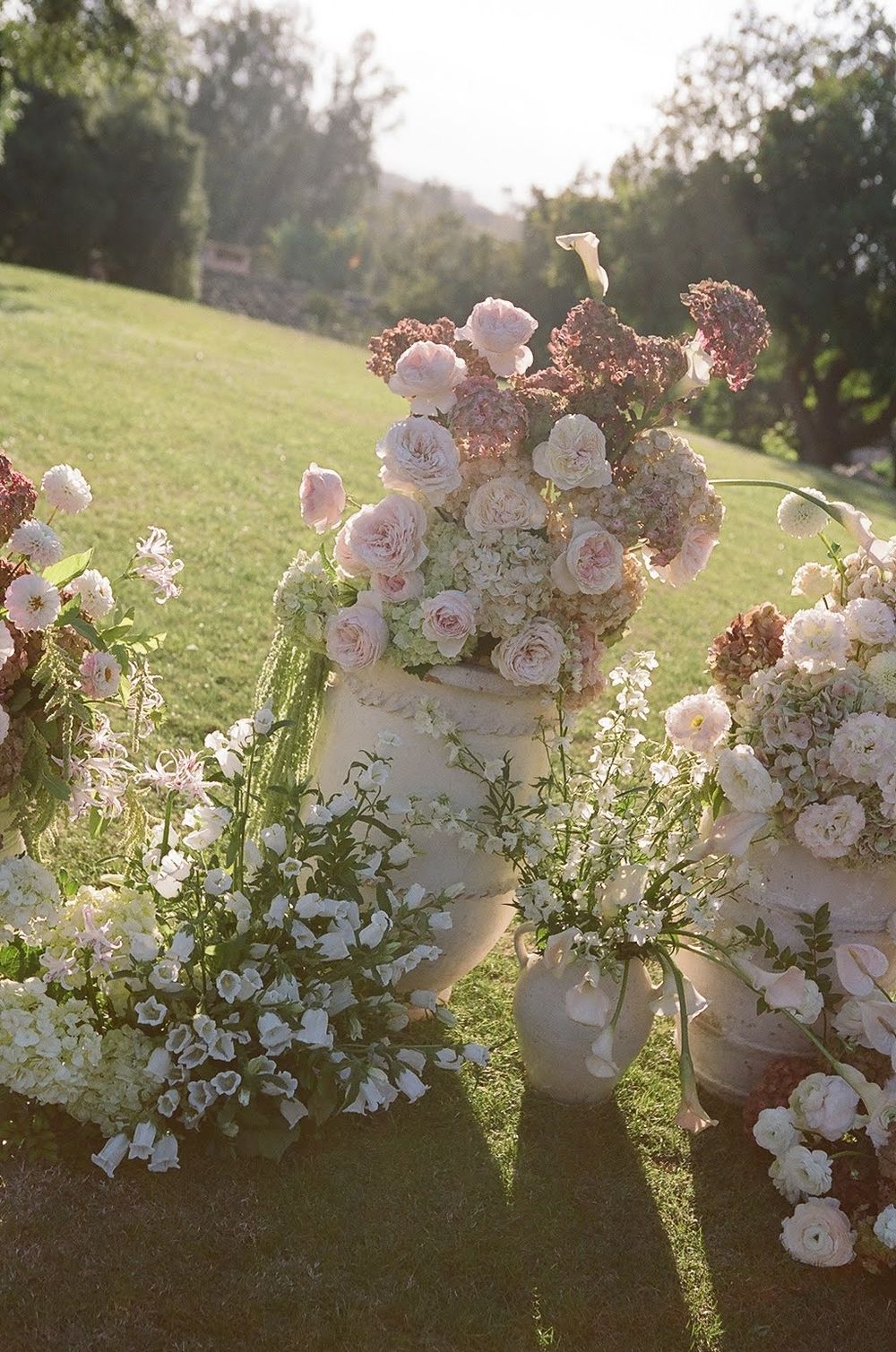 Romantic floral arrangement of pink roses and delicate white blooms glowing in golden sunset light outdoors.