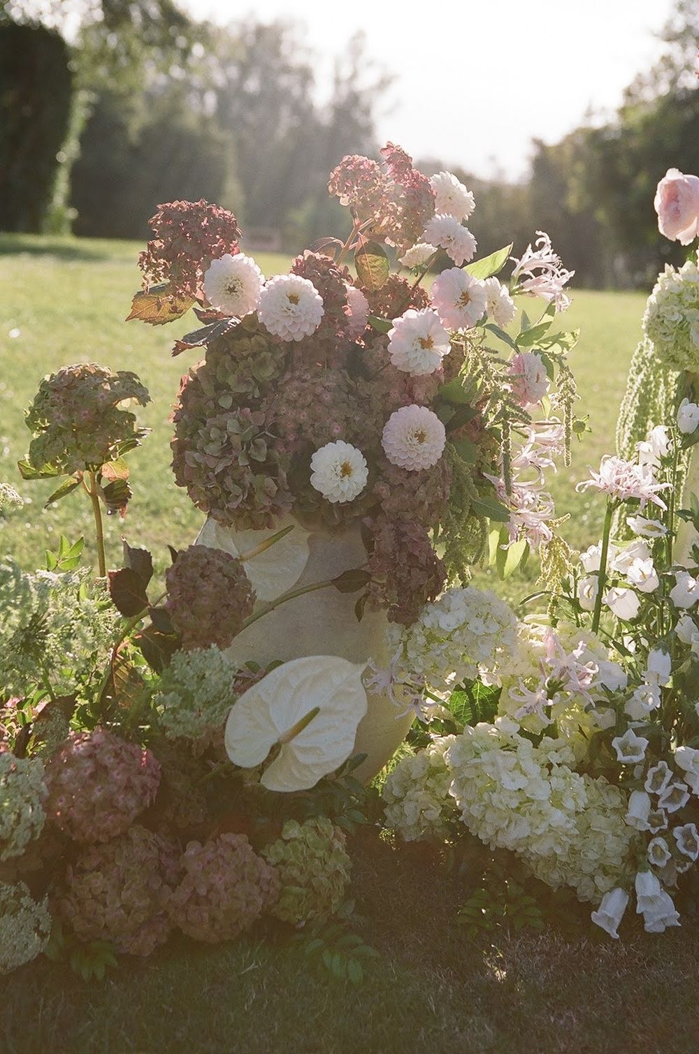 Romantic garden floral arrangement with white and pink hydrangeas in soft sunlight against a green meadow background.