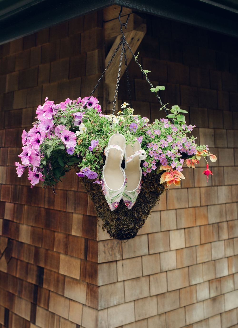 A series of decorative hanging planters with pink petunias and trailing vines mounted on a cedar shingle wall.
