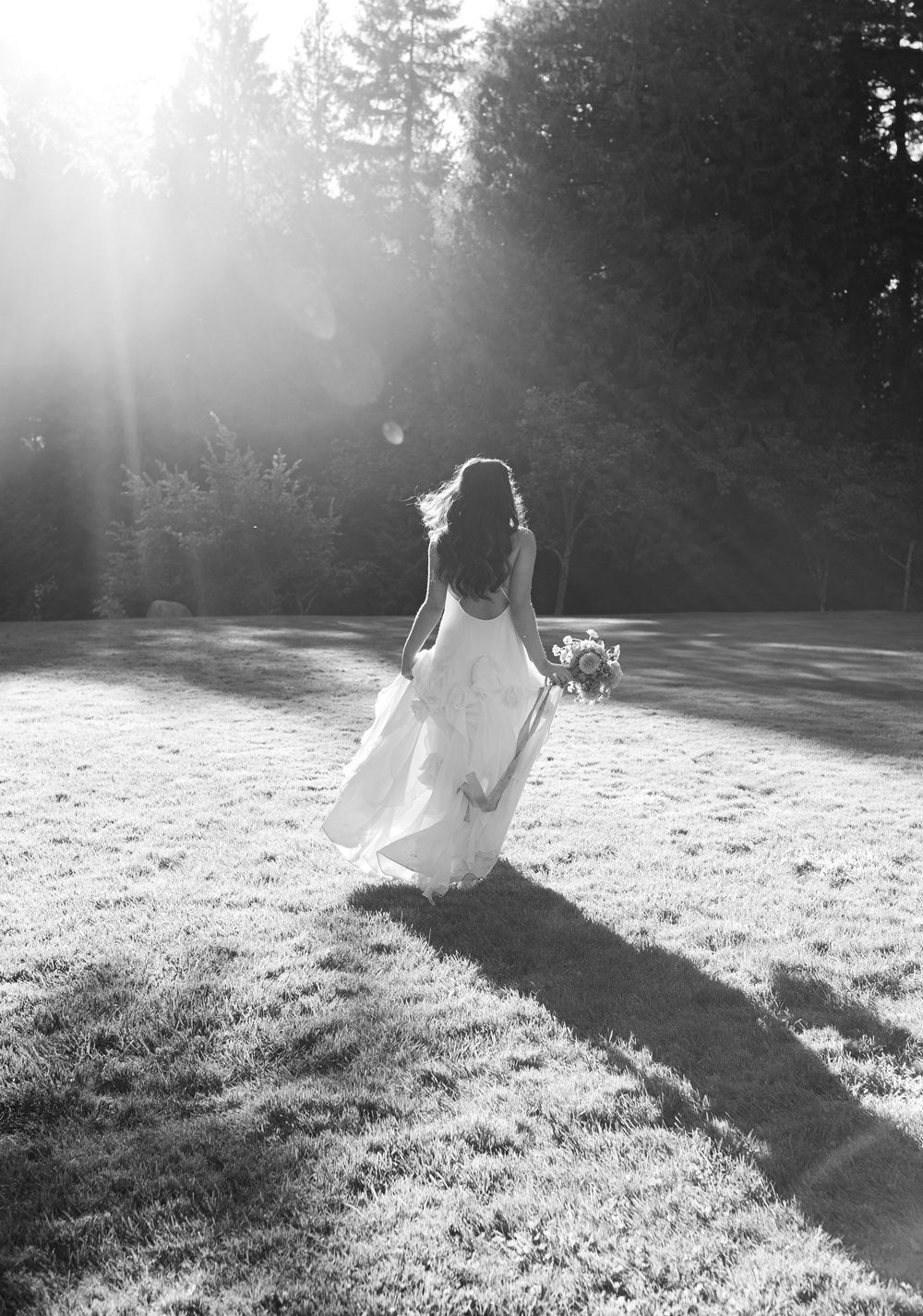 A bride in a flowing white dress twirls in a sunlit meadow with evergreen trees in the background.