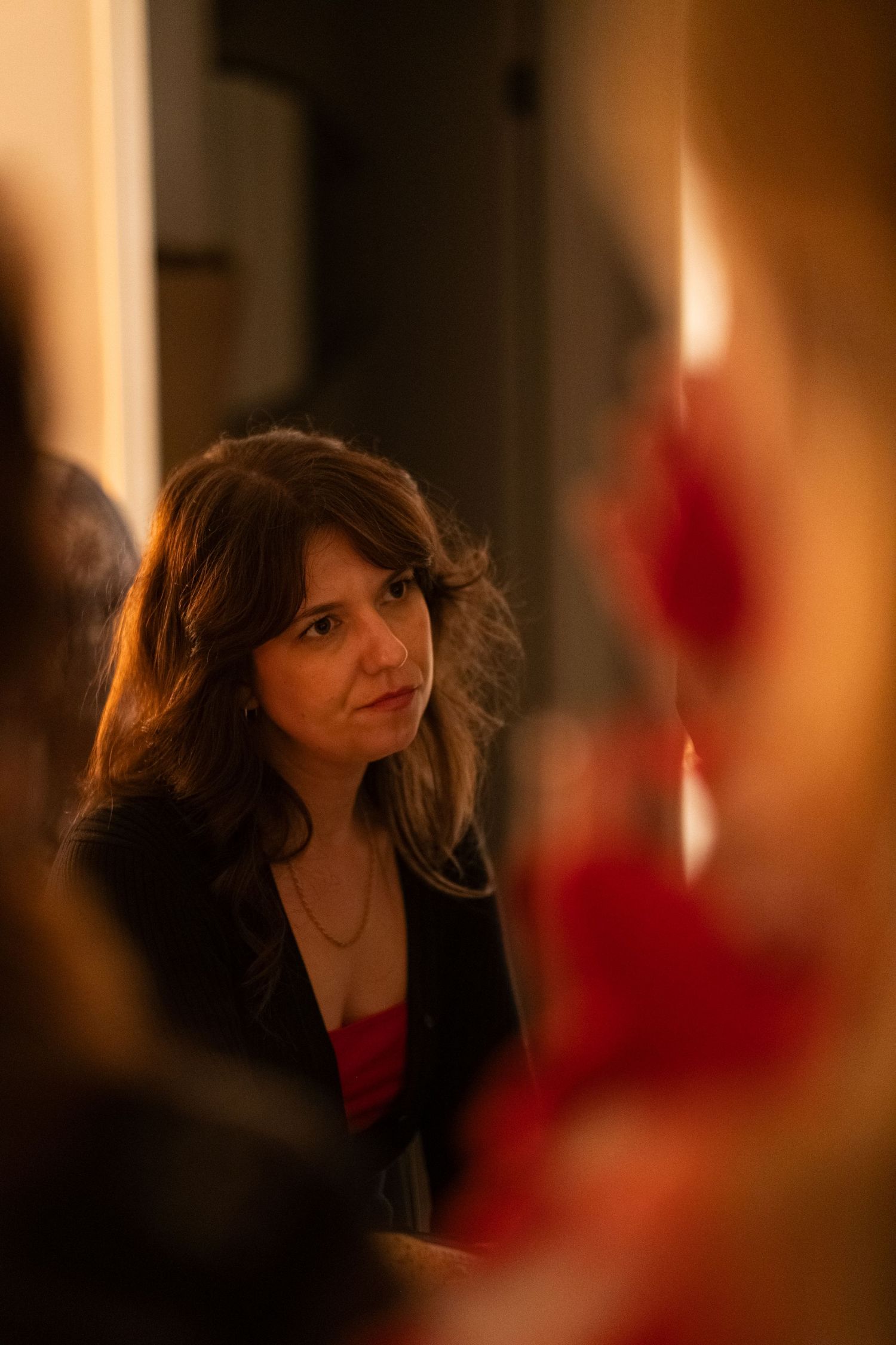A person with dark hair is seen in a dimly lit setting with warm lighting and blurred foreground elements.