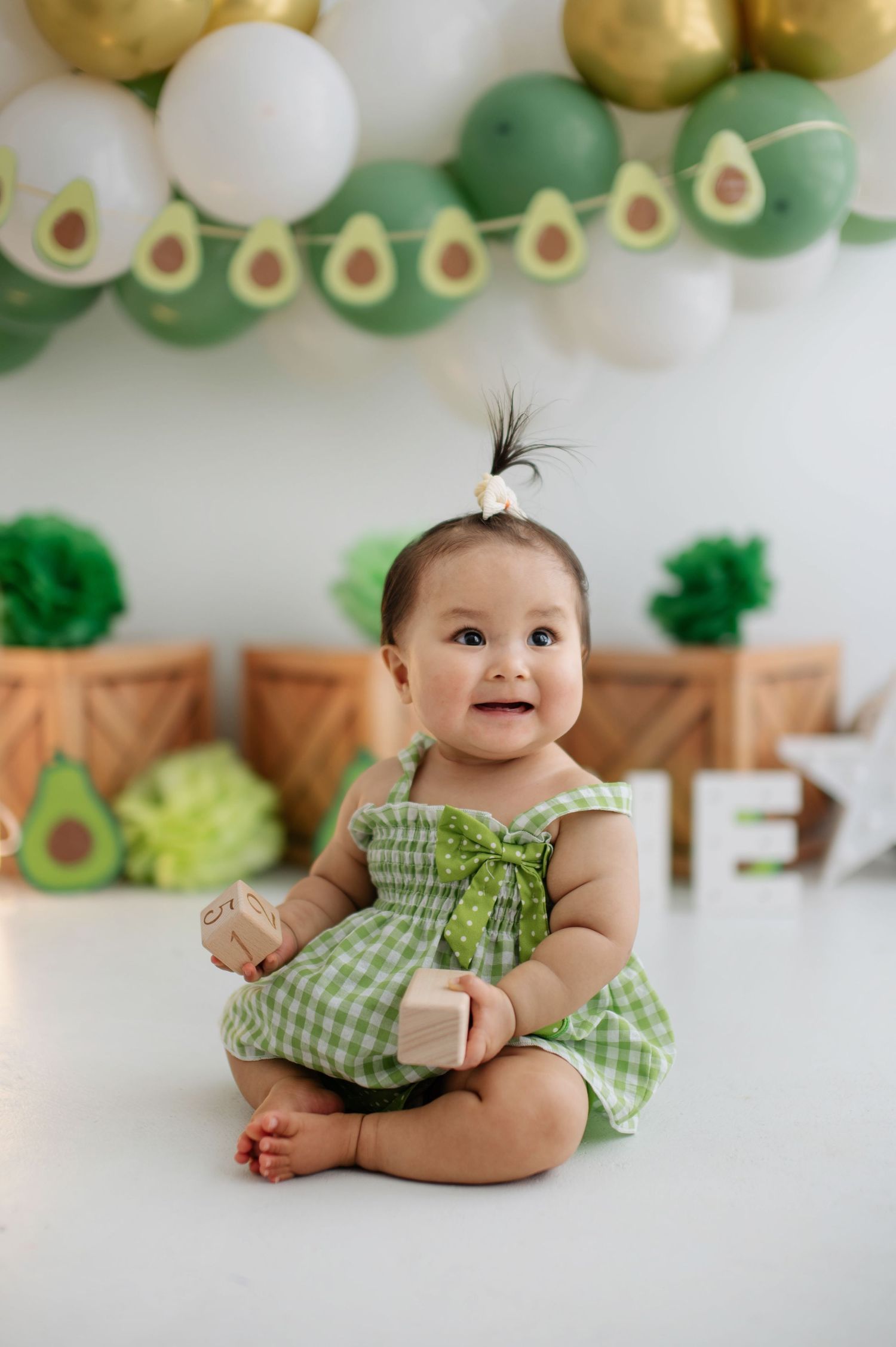 Adorable baby in green gingham dress sits against avocado-themed party backdrop with balloons and decorations.