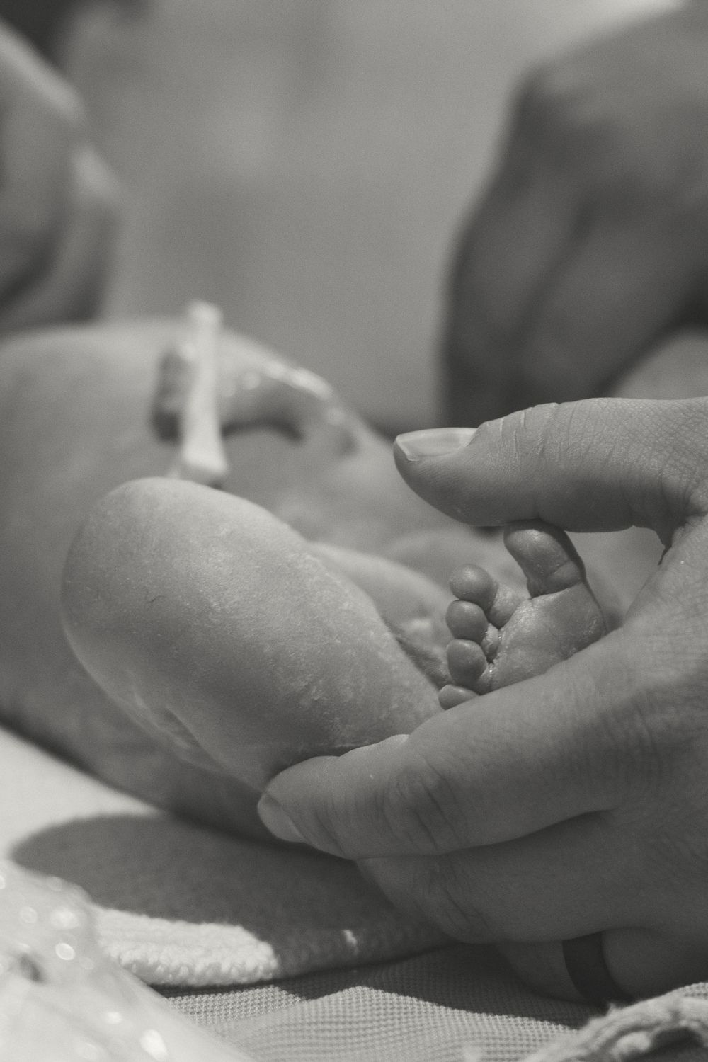 Close-up of hands gently holding a newborn baby's tiny hand in black and white.