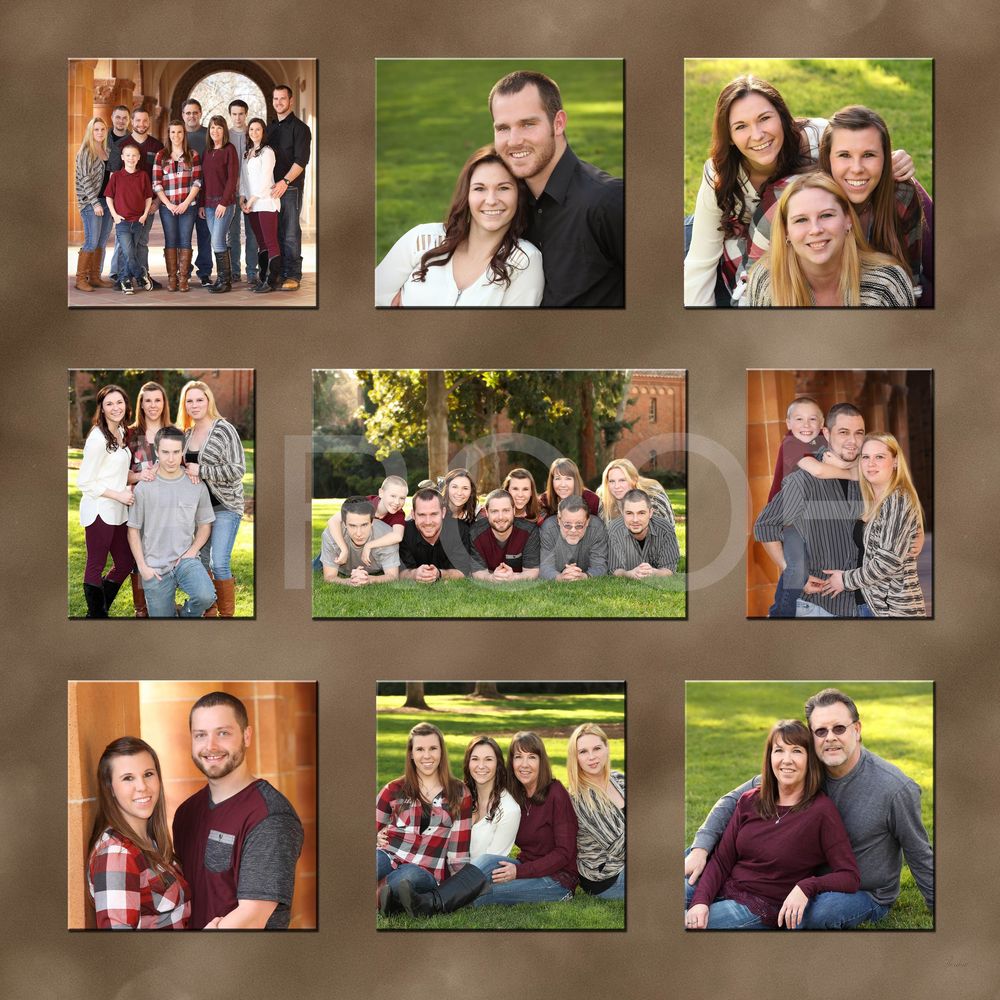 Collage of outdoor family portrait photography sessions arranged on a brown background.