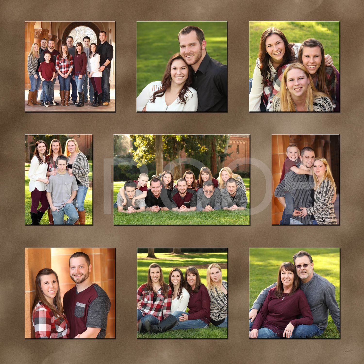 Collage of outdoor family portrait photography sessions arranged on a brown background.