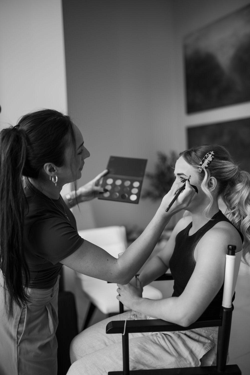 Black and white images showing preparation moments before a special event.