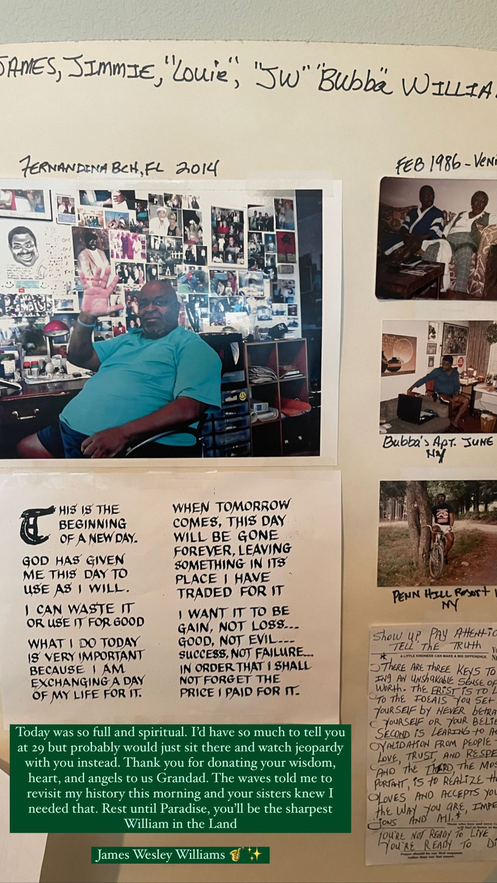 A wall display featuring photos, handwritten notes, and text arranged in a memorial or tribute style layout.