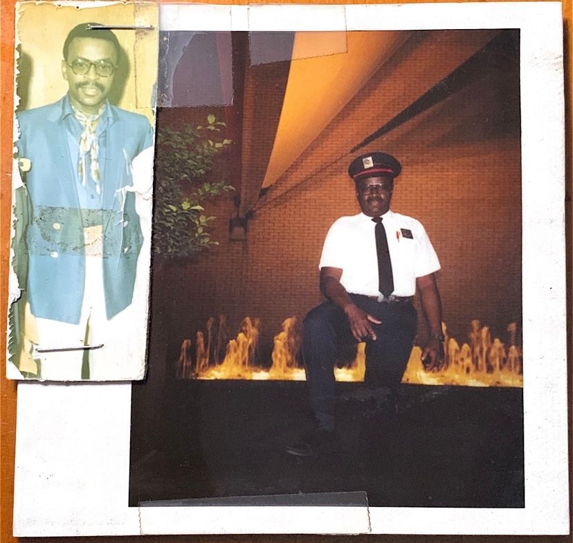 Two vintage photographs showing uniformed figures, one in light blue attire and another in a security guard uniform.