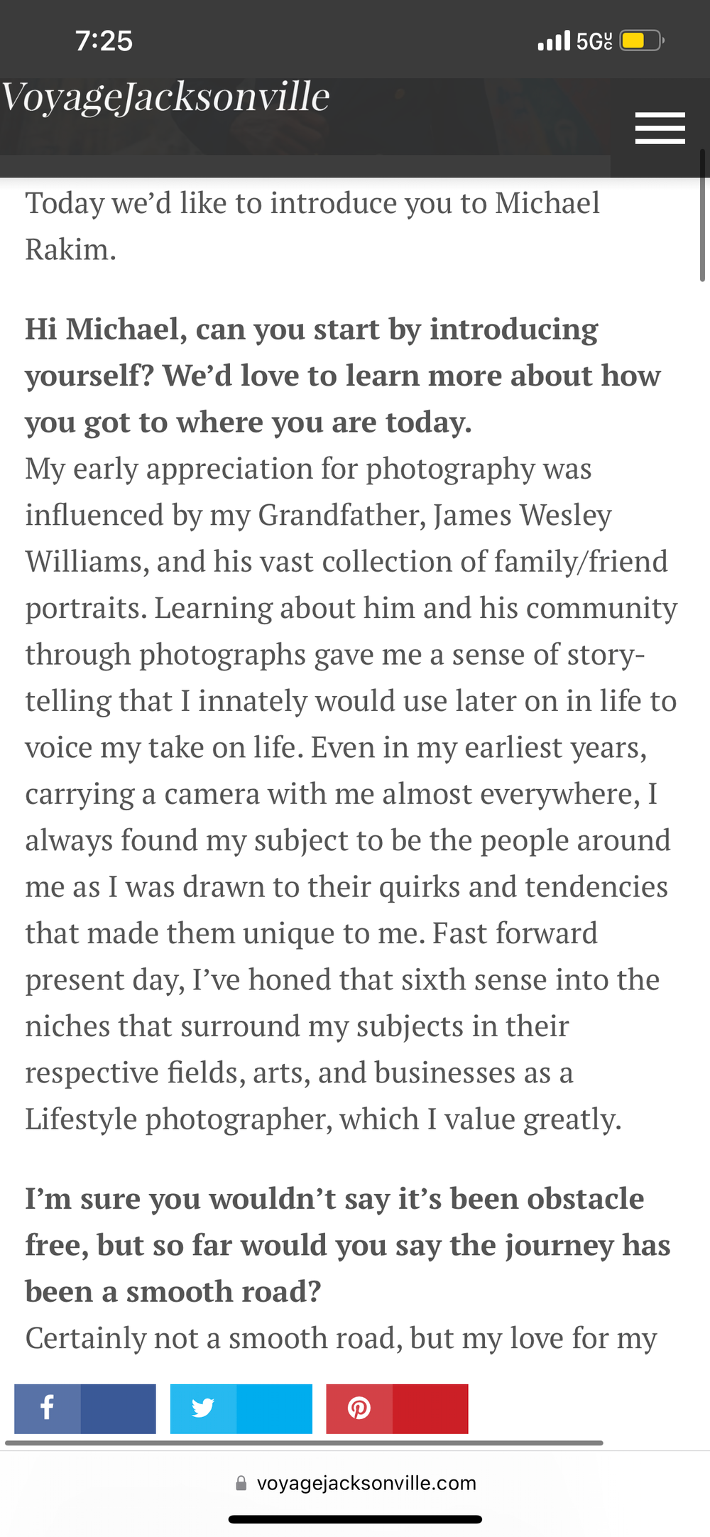A screenshot of a website article introducing Michael Rakim and discussing his photography background.