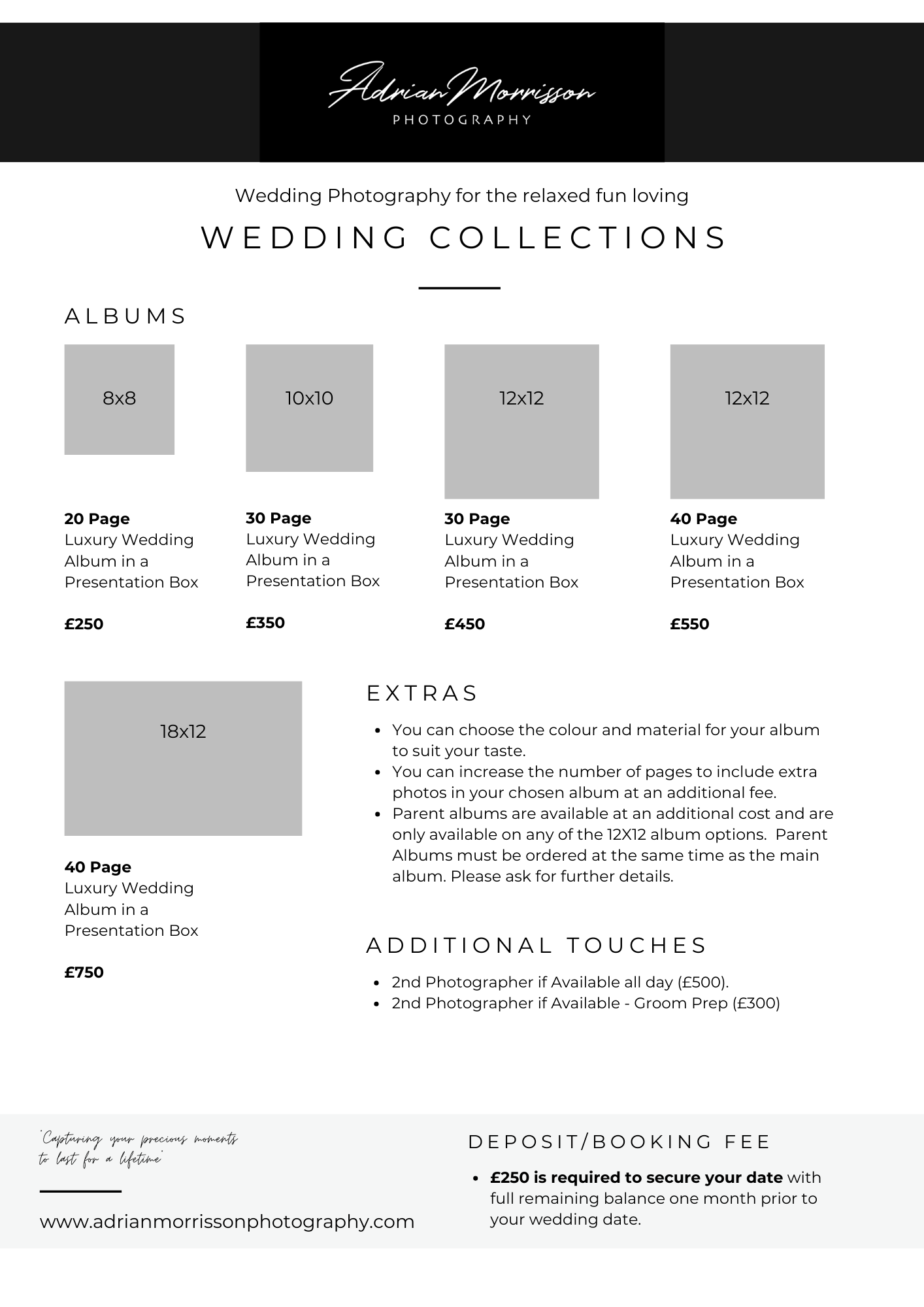 Wedding photography pricing guide showing various album collection options and package details with prices in British pounds.