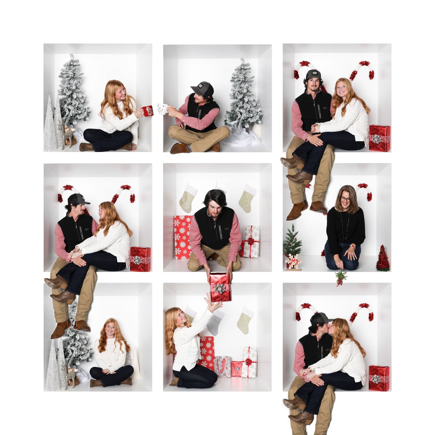 Winter photo series with Christmas trees and red holiday decorations. Box photography session
