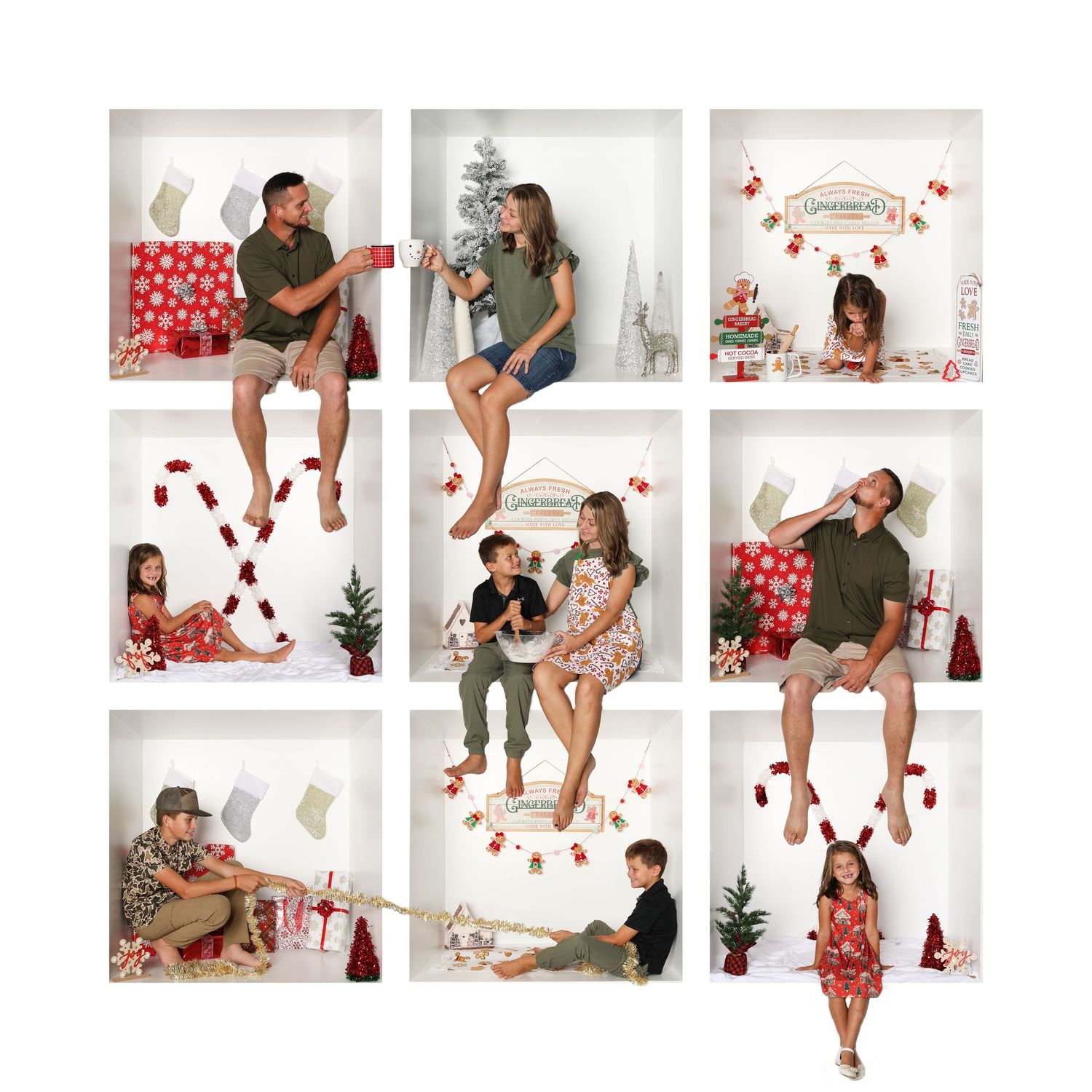 Holiday mini session photos with red and white decor elements and casual poses. Box photography session