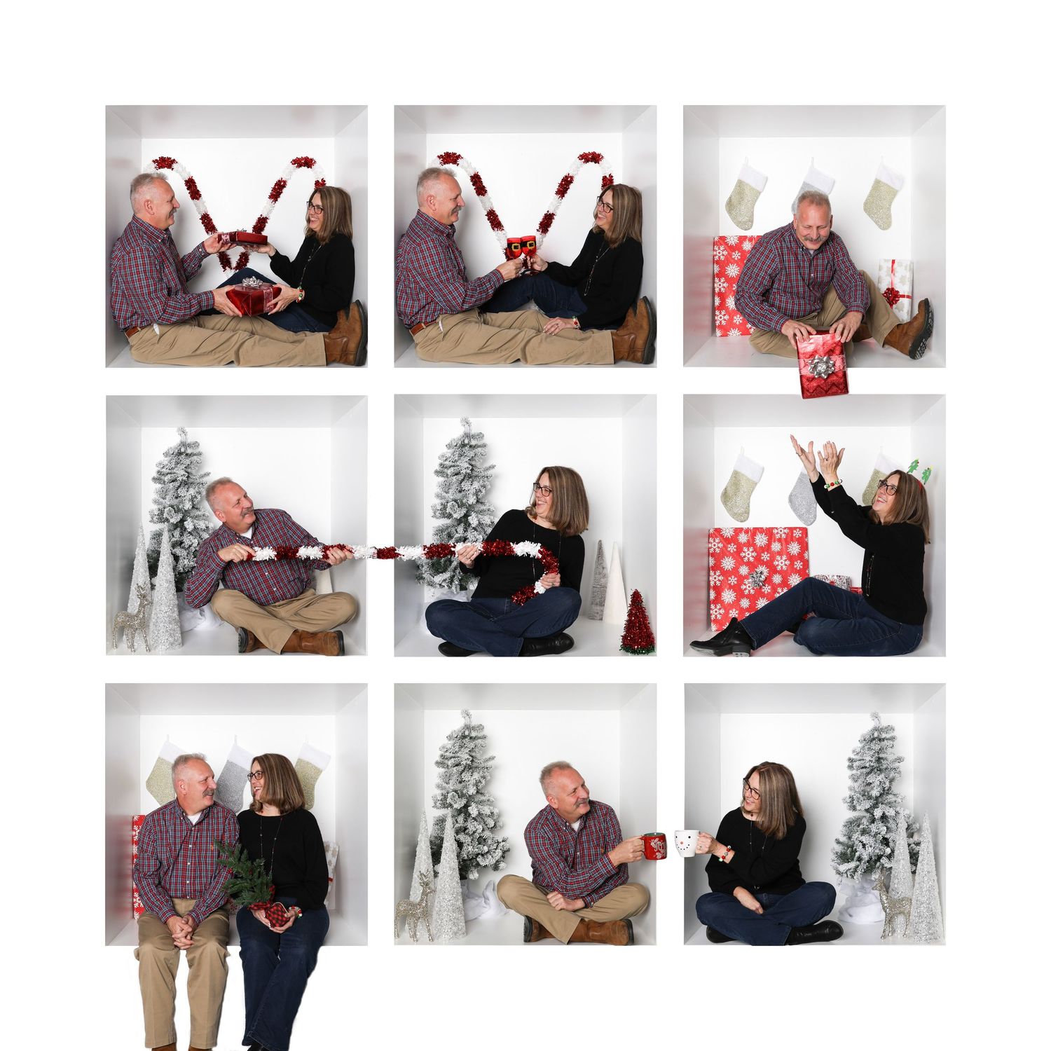 Collection of holiday photo session thumbnails showing various poses and groupings. Box photography session
