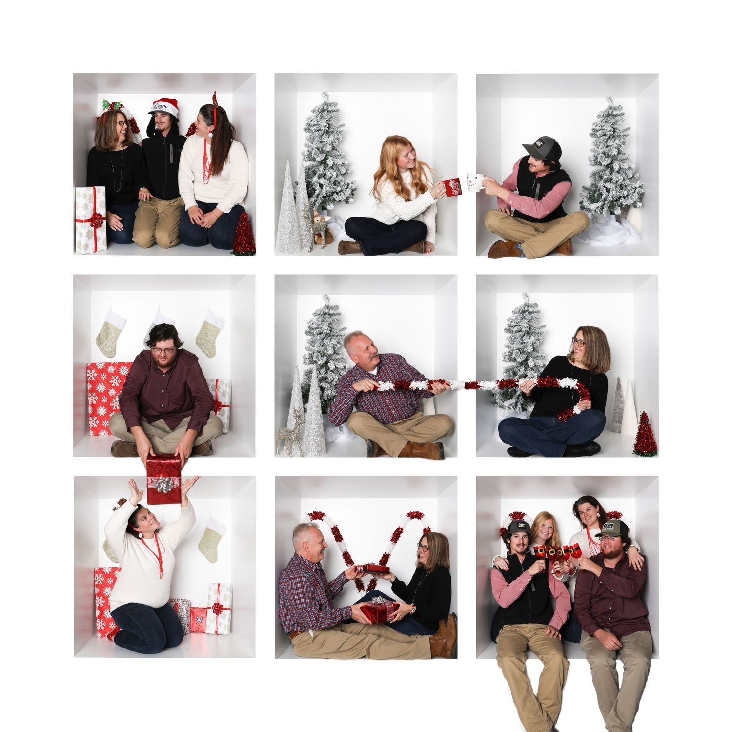Montage of Christmas themed photo session thumbnails in a white studio setting. Box photography session