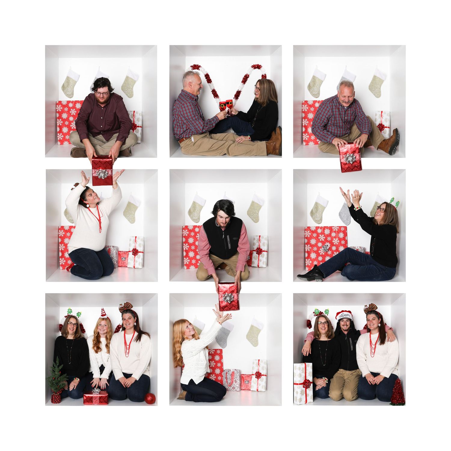 Grid of holiday photo session previews showing different poses and arrangements. Box photography session