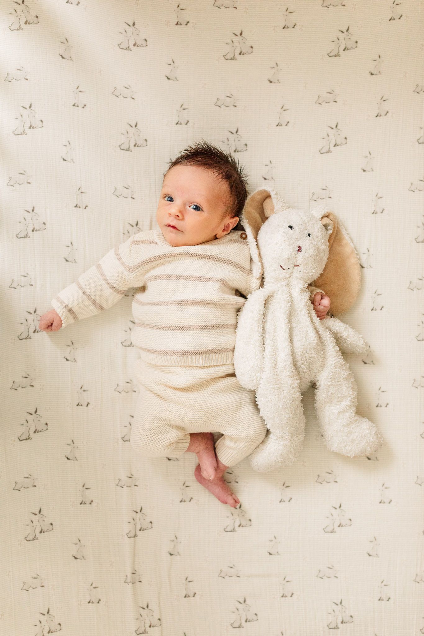 Newborn baby laying in crib holding bunny stuffed animal