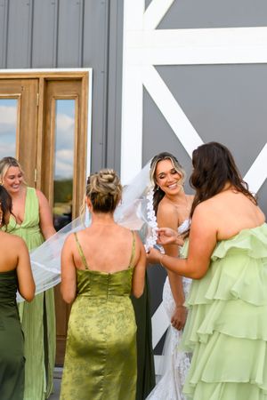Wedding party members in lime green dresses and white attire pose together in a sequence of candid photos.