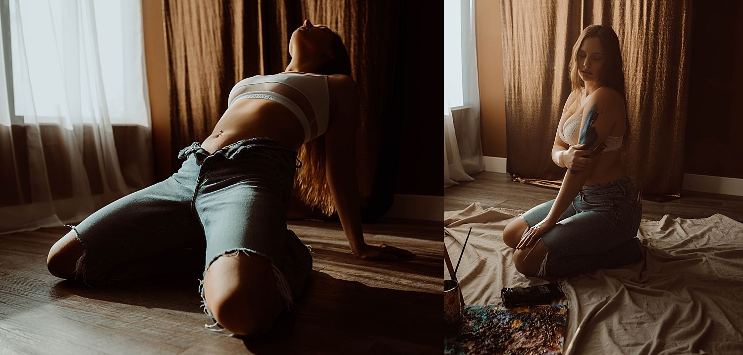 woman leans back on studio floor after learning what to look for when choosing a boudoir photographer