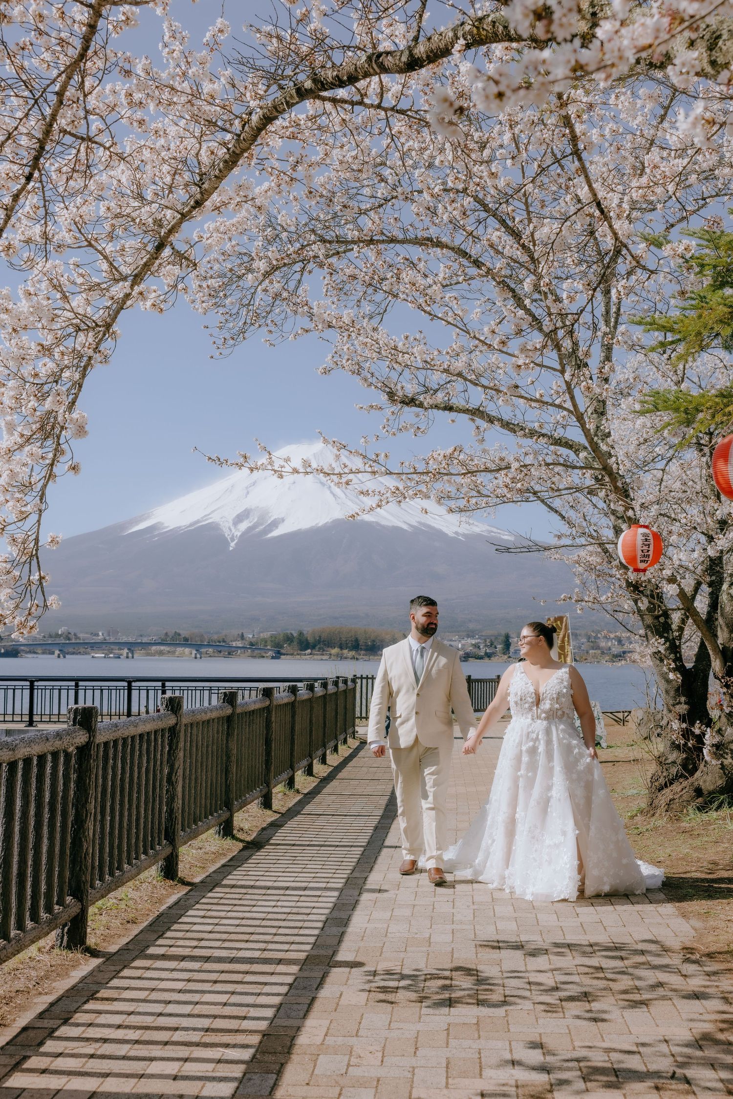 Couple walks along lakeside path beneath cherry blossoms with snow-capped Mount Fuji in background at Lake Kawaguchiko, Japan.