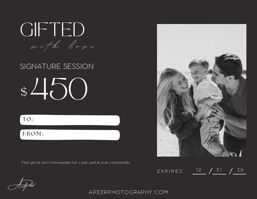 Black and white photography studio gift card design showing elegant branding and pricing details.