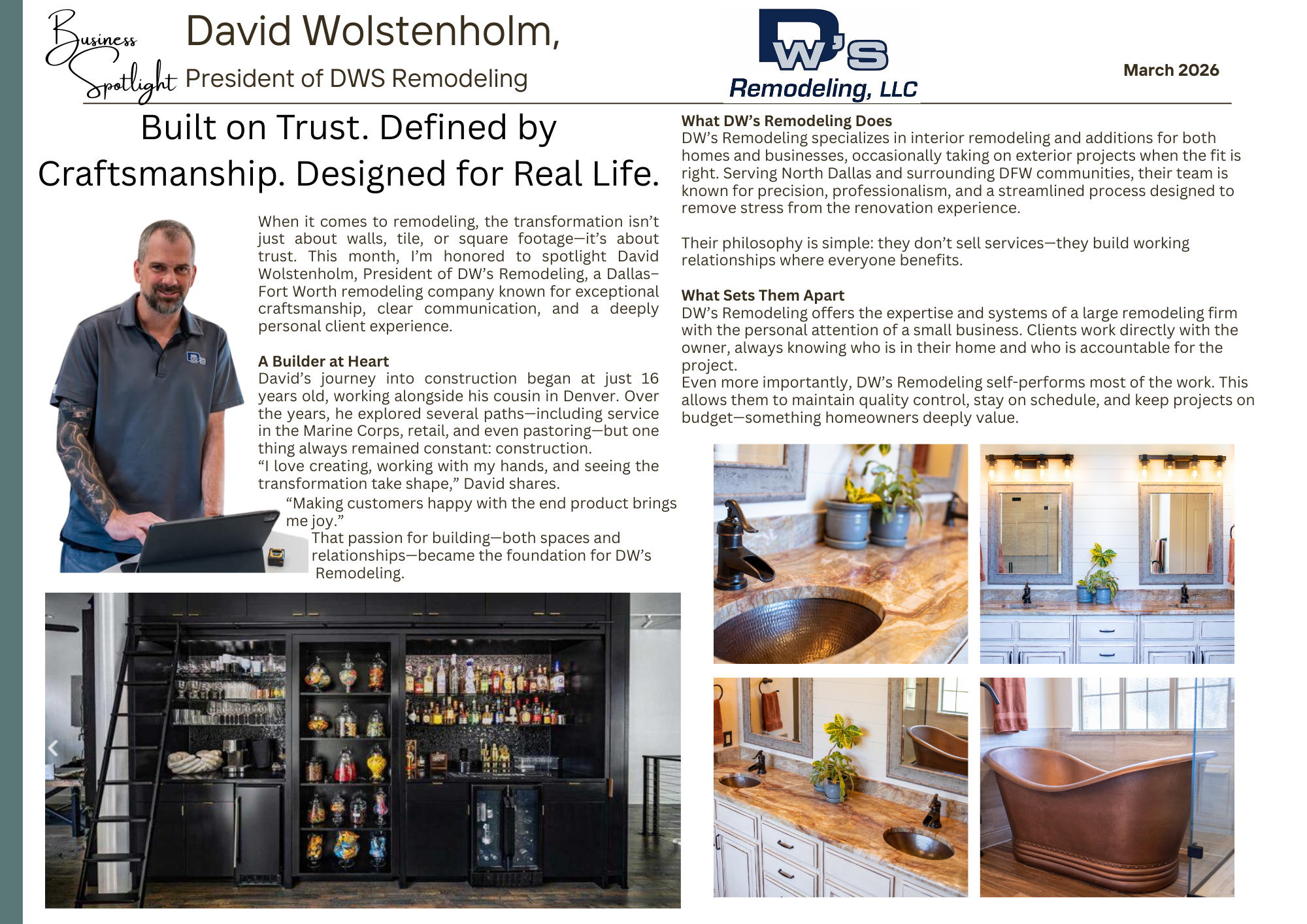 Magazine article layout showing DW's Remodeling