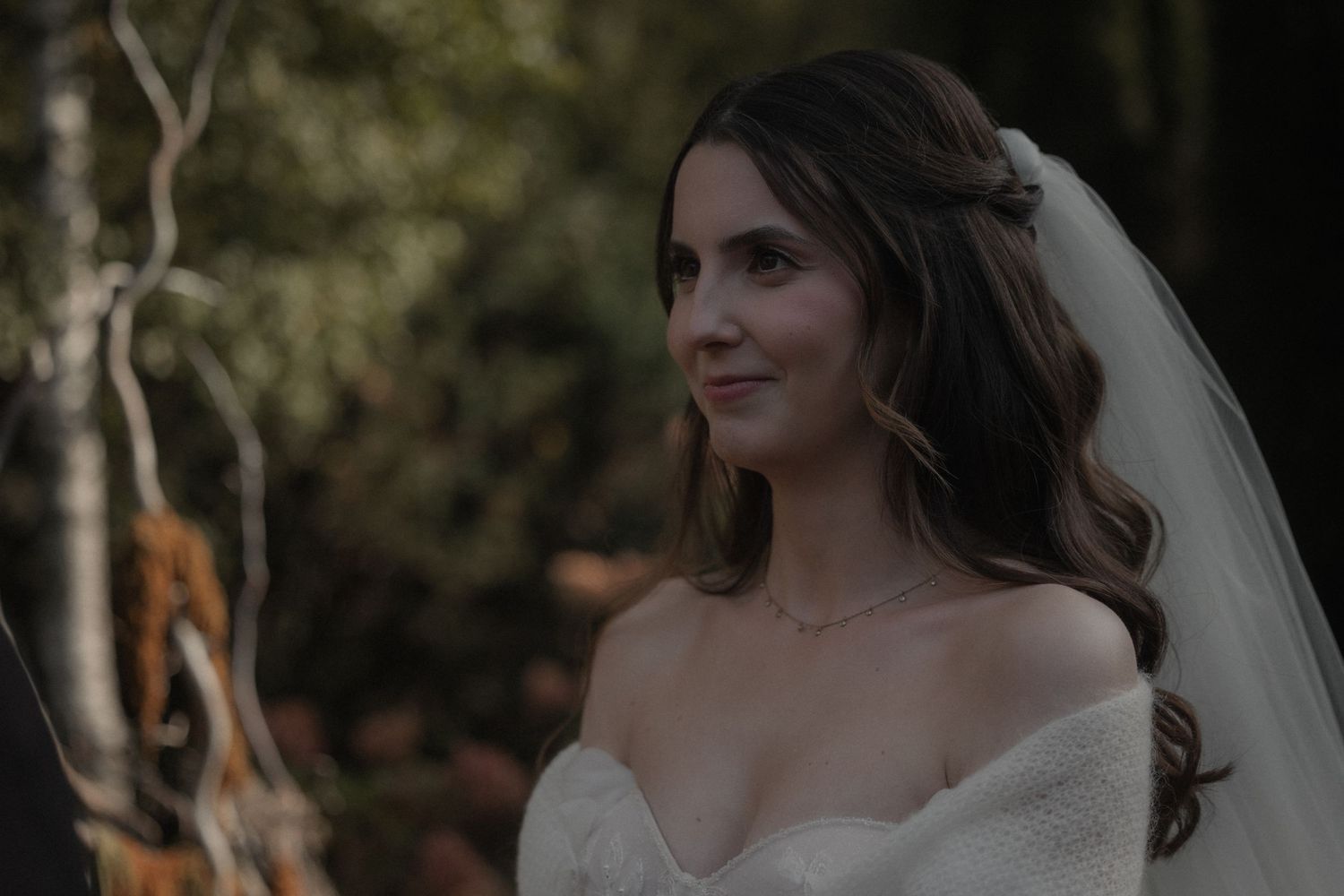 A bride in a strapless white wedding dress and long veil poses outdoors against a natural wooded background.