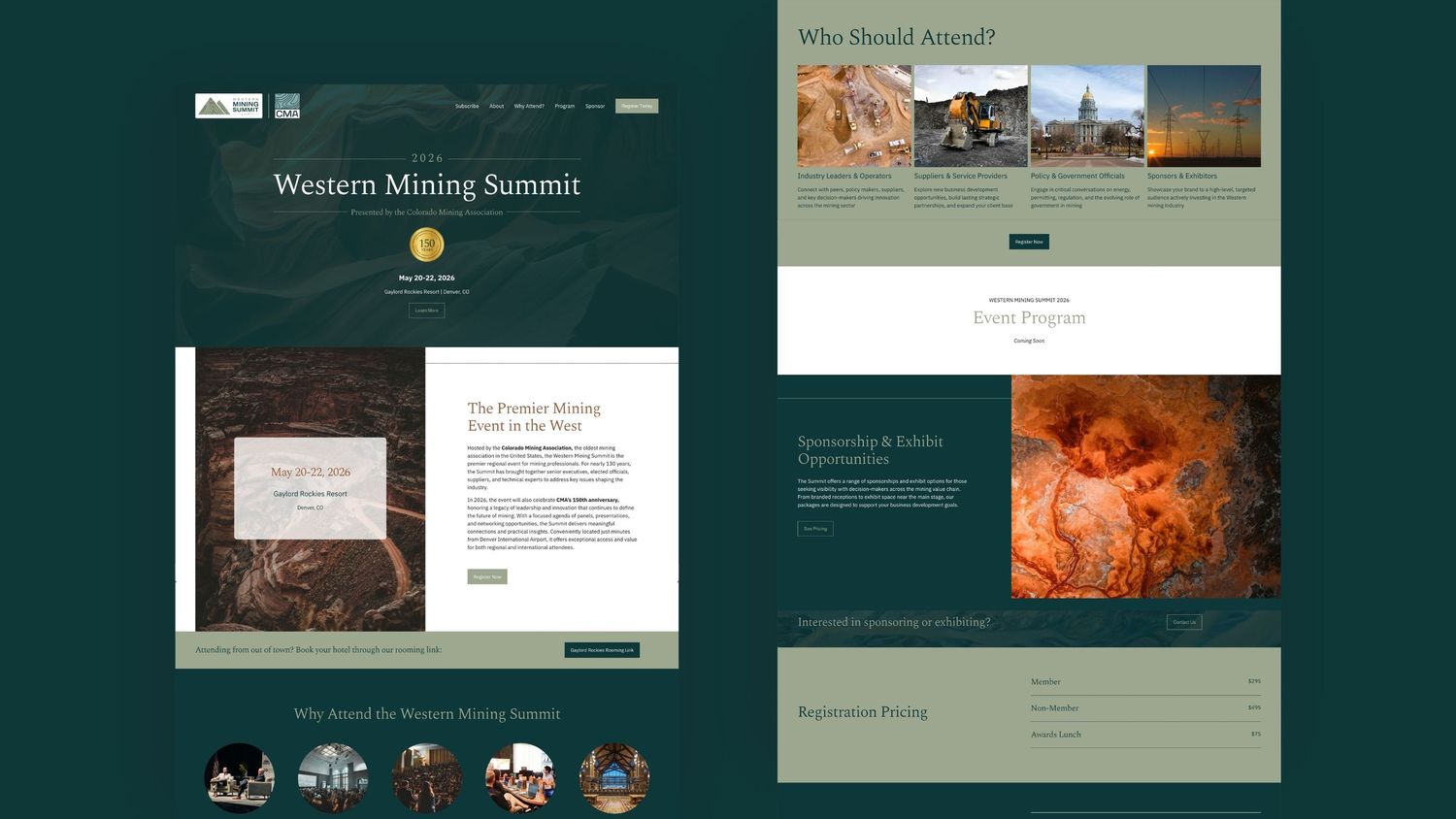 Dark teal website design showcasing multiple page layouts for mining industry conference.