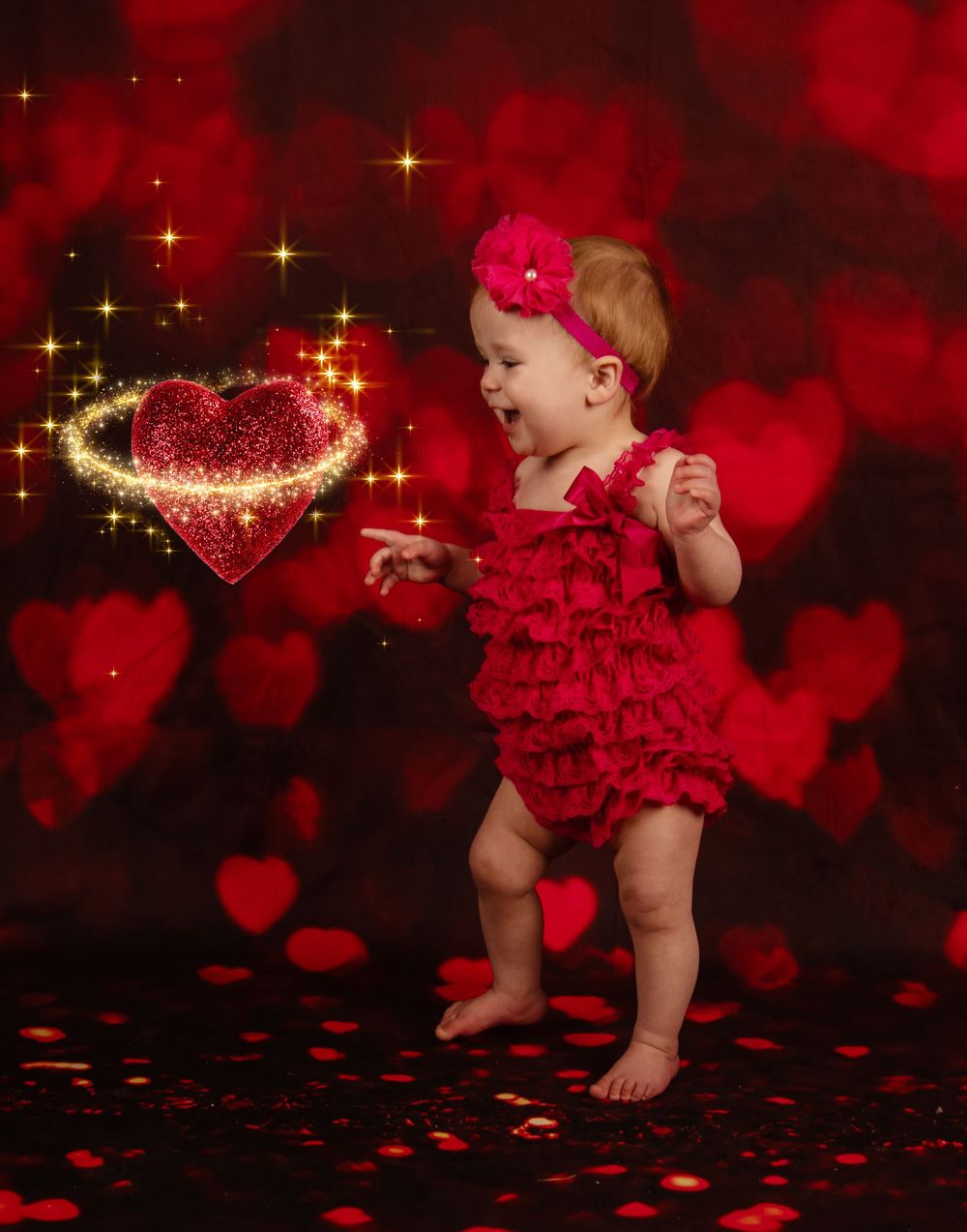 A series of Valentine's themed photos with red hearts and sparkles against a dark background.