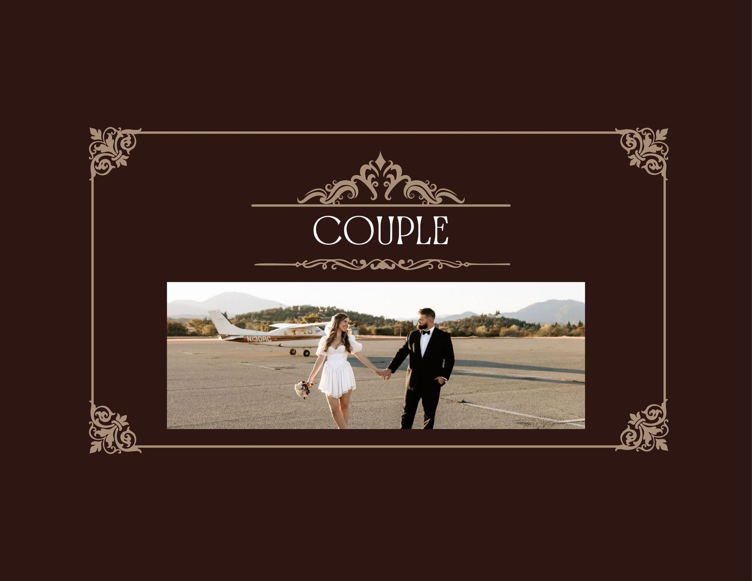 A sepia-toned wedding photo collage shows romantic couple silhouettes and decorative frames on a dark brown background.