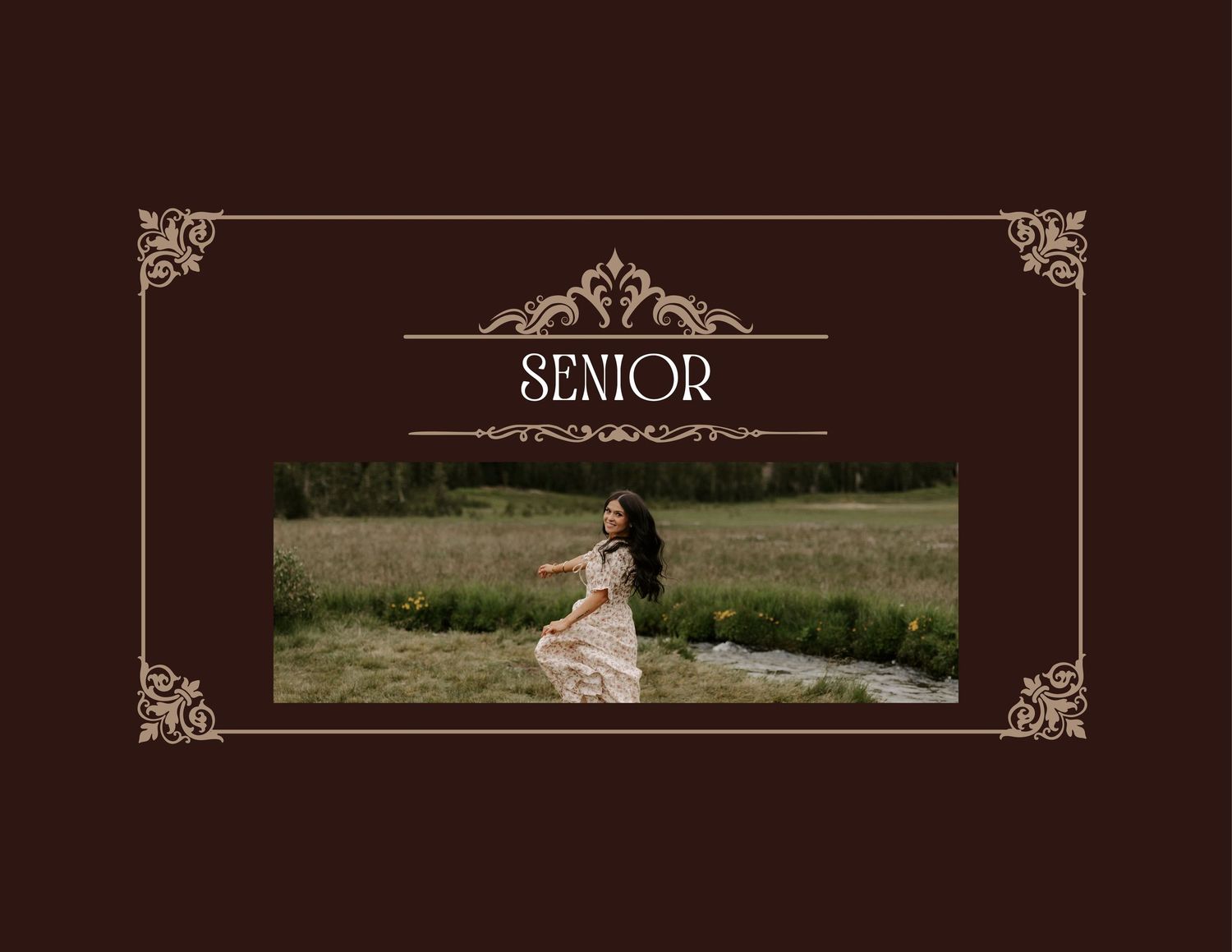 A senior portrait photography collage with brown decorative borders and elegant text overlays on a dark background.