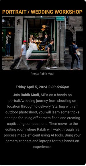 Street photography workshop promotional image showing a wedding shoot through a storefront window.
