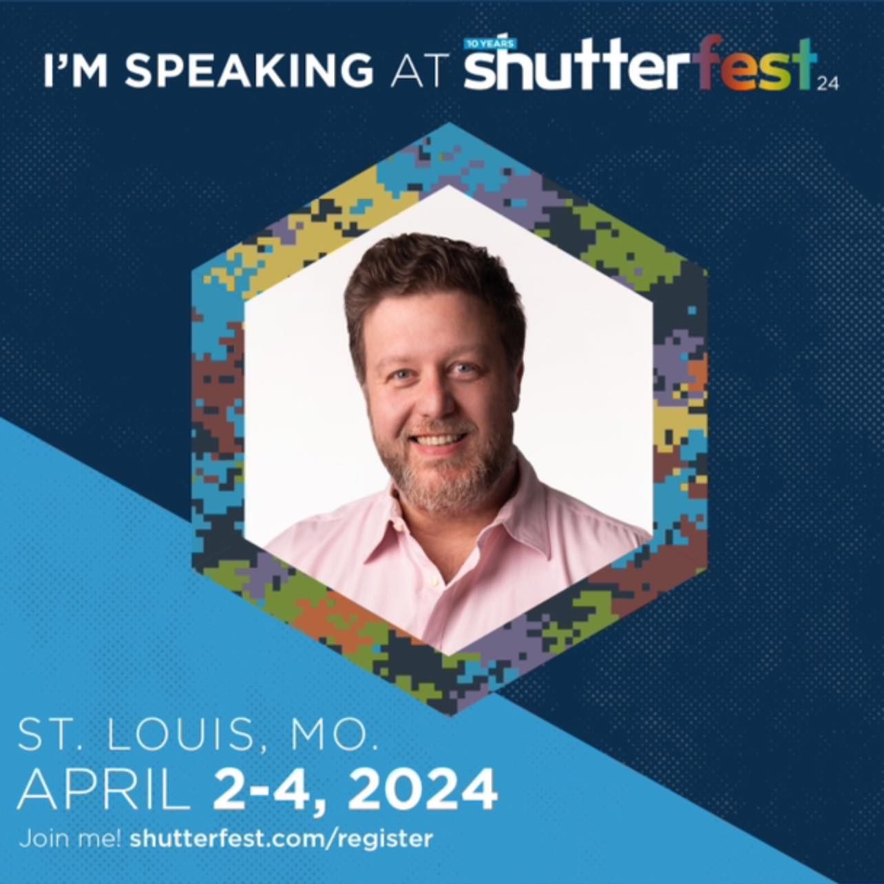 Conference speaker announcement for Shutterfest 2024 featuring a hexagonal design element.
