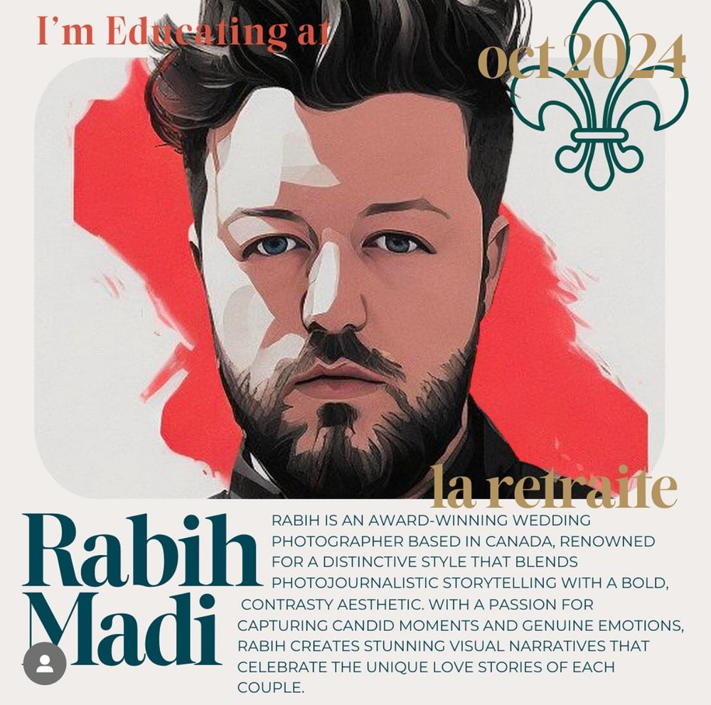 Stylized artistic portrait illustration with red accents promoting a photography event.