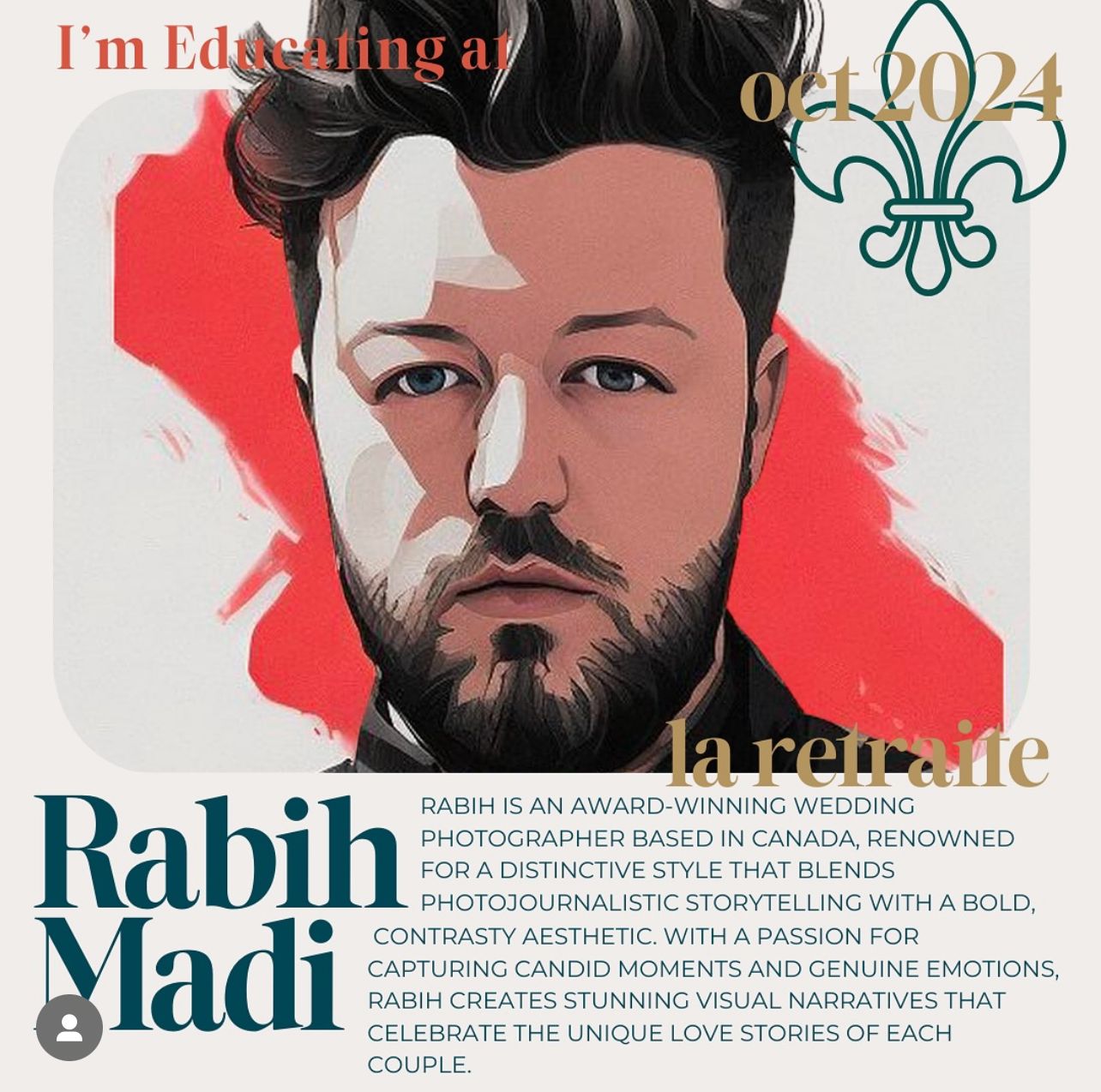 Stylized artistic portrait illustration with red accents promoting a photography event.
