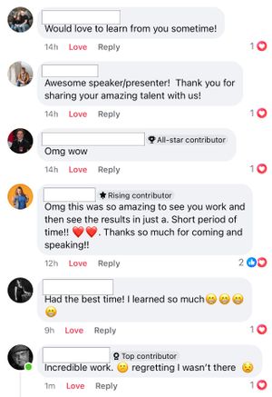 Social media comments section showing enthusiastic responses to a presentation.