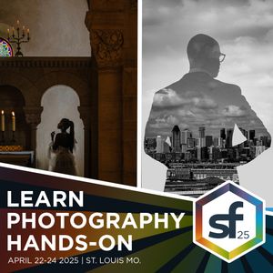 Photography workshop promotional image showing architectural elements and a cityscape silhouette.