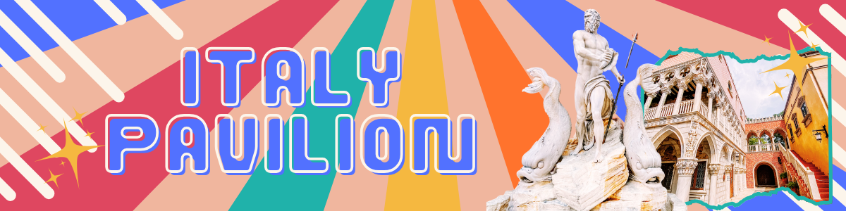 Colorful vintage-style banner for Italy Pavilion featuring a stylized dinosaur skeleton silhouette against geometric patterns.