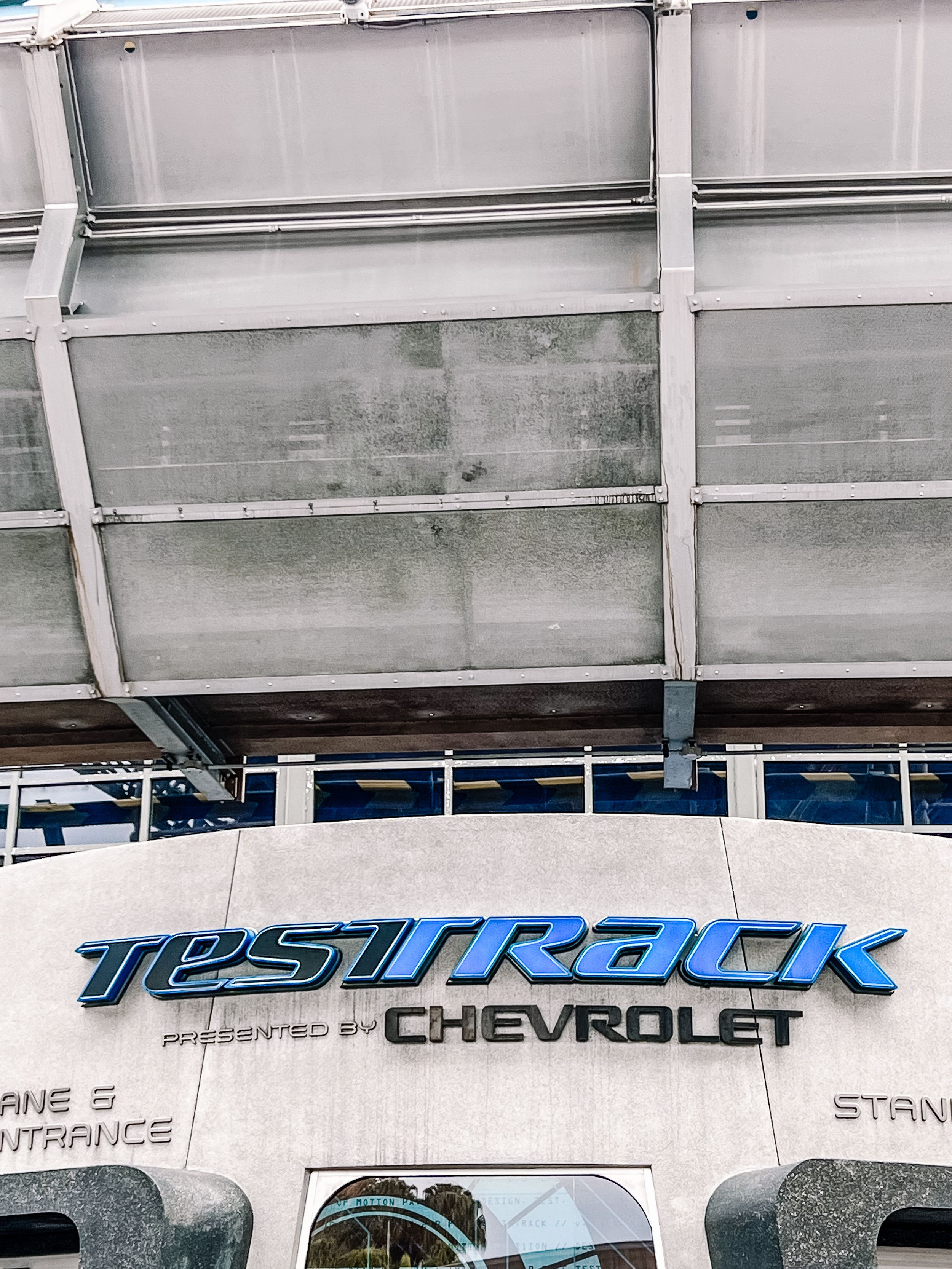 Sign for Test Track, a high-speed Chevrolet-sponsored attraction at Disney World's Epcot theme park.