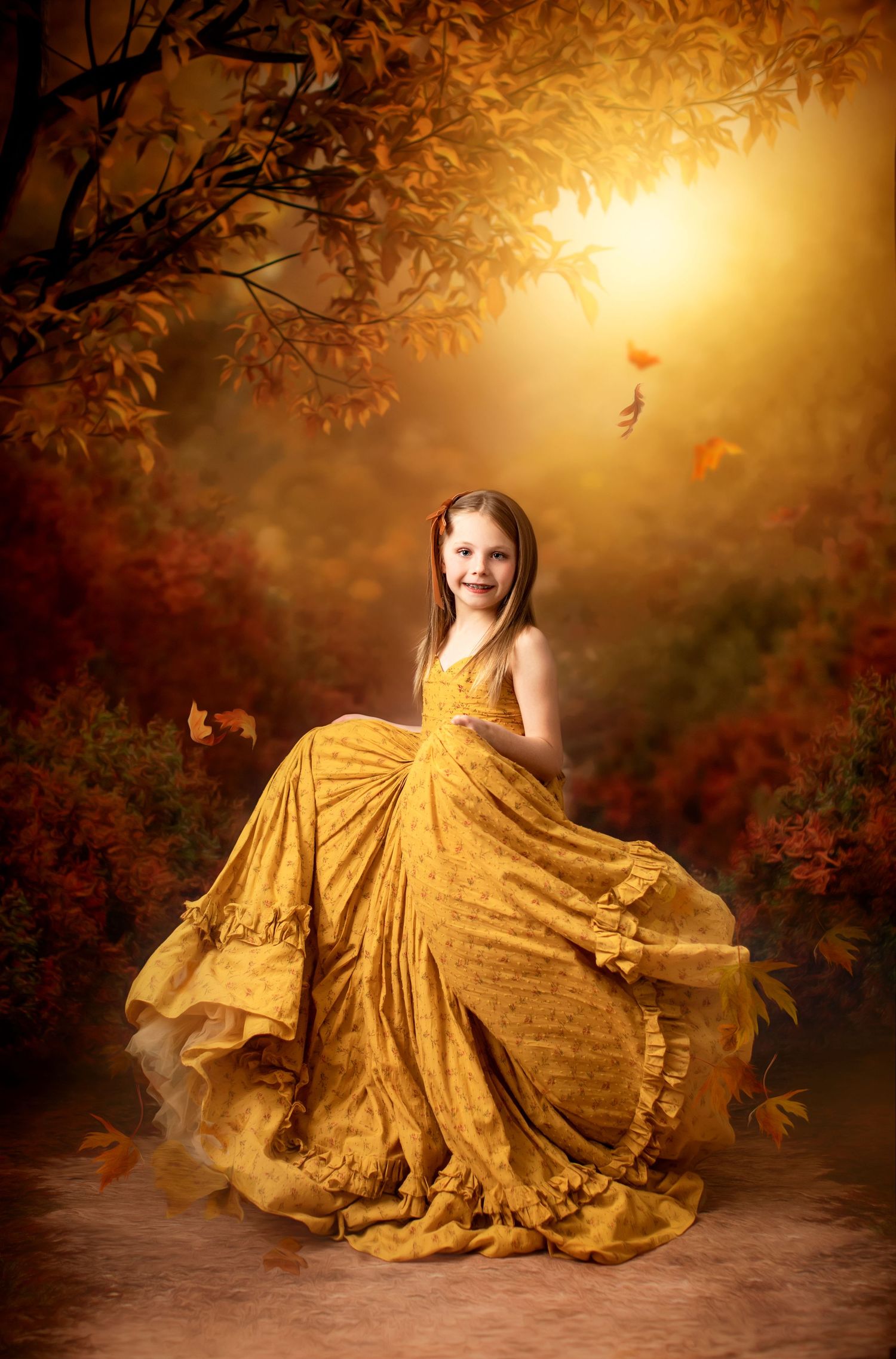 Golden dress catches sunset light on autumn path with warm orange tones.