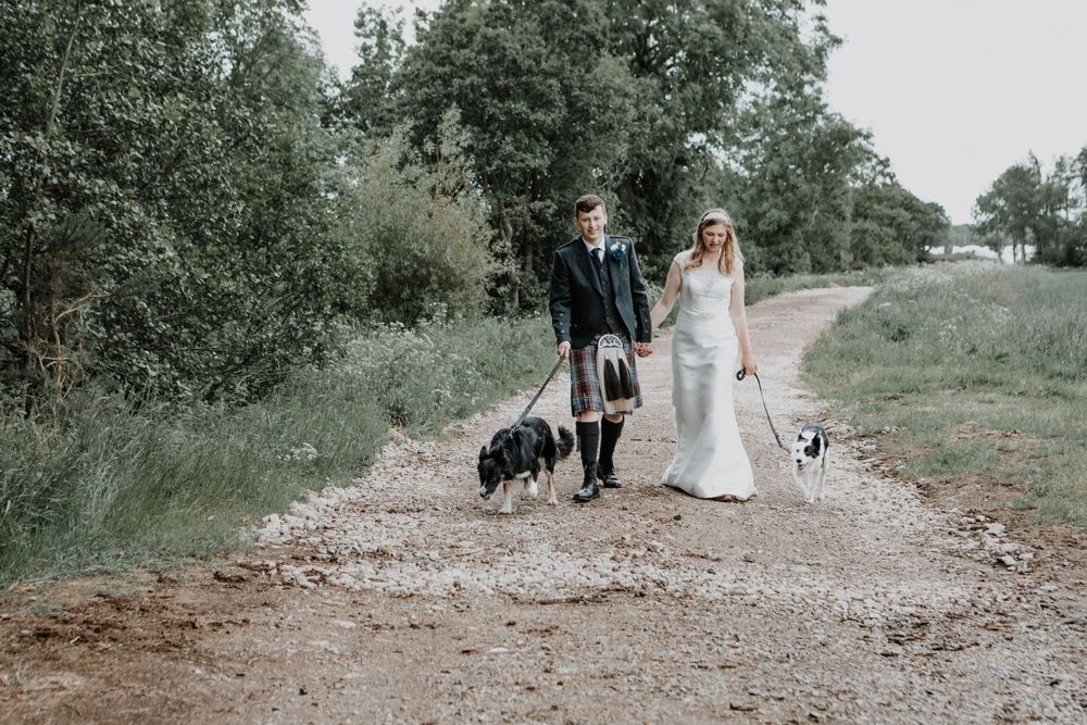 A couple in wedding attire walks down a country path with two dogs wearing traditional Scottish Highland dress.