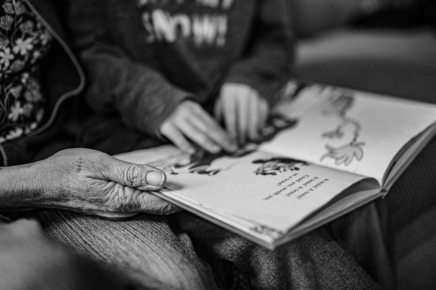 Black and white close-up of weathered hands holding an open book with illustrations.